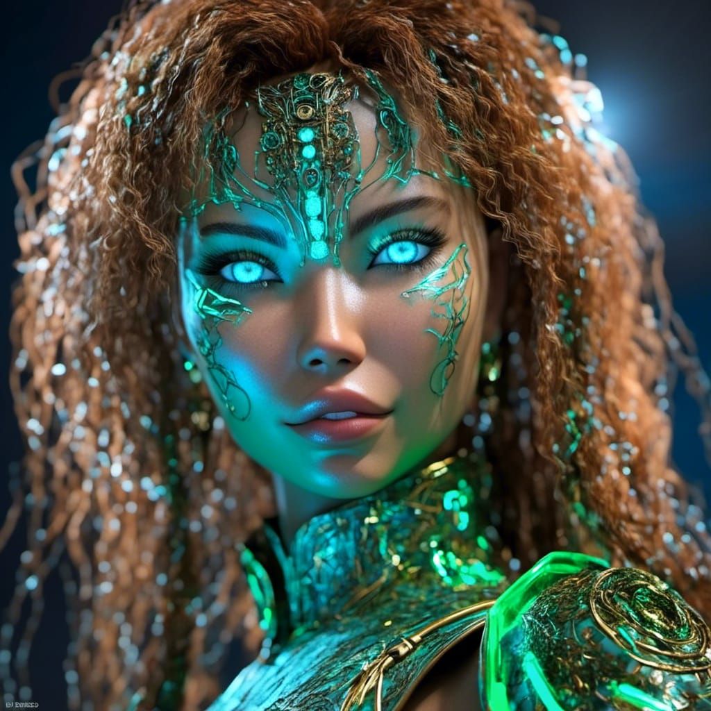 Bioluminescent Cyborg Girl in Art Deco Style