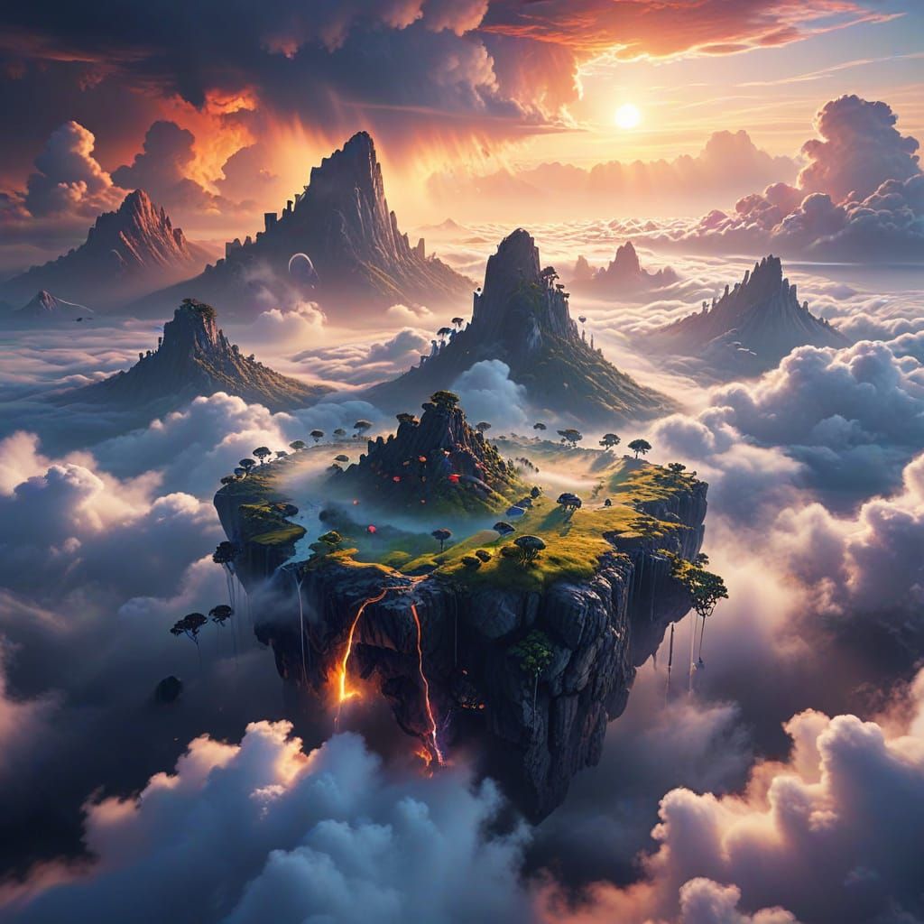Floating Islands Above Clouds: Hyperrealistic Concept Art
