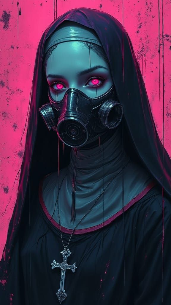 Cyberpunk Nun with Ghostly Face and Pink Eyes