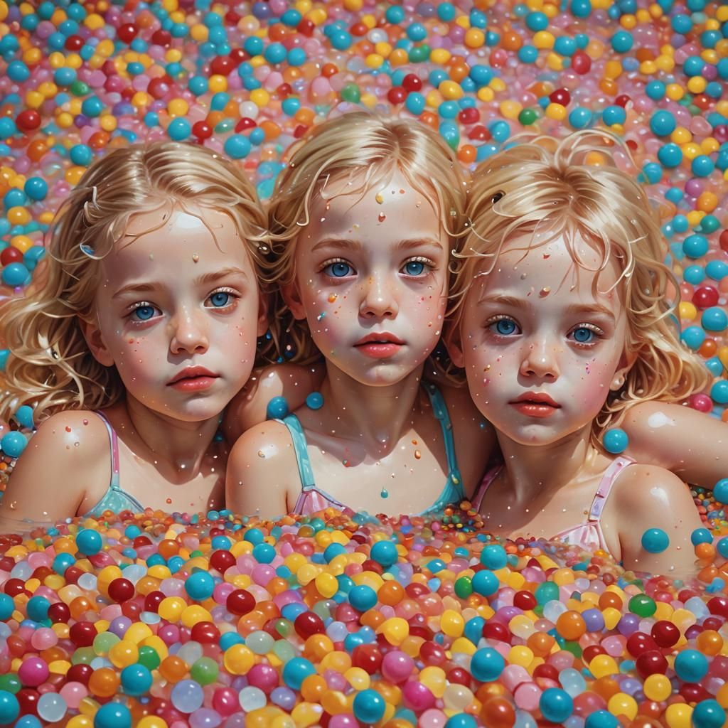 Blonde Children Swim in a Candy Pool: Digital Art