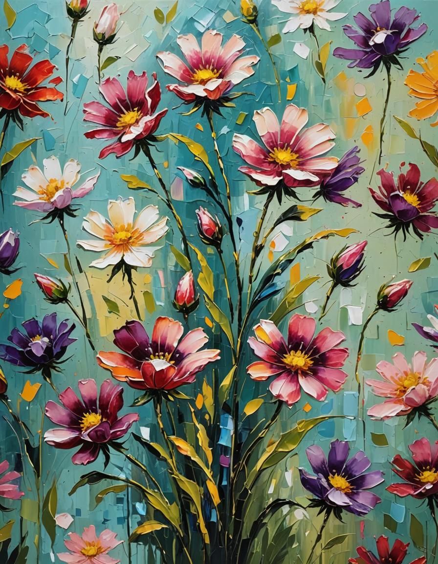 Blooming Flower in Palette Knife Impasto Style