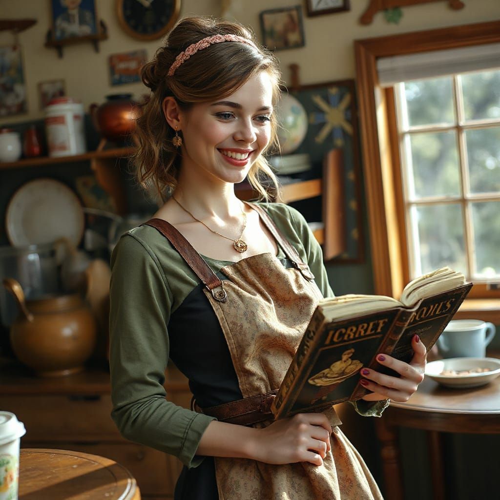 Vintage Woman Reads Cookbook in Sci-Fi Art Style