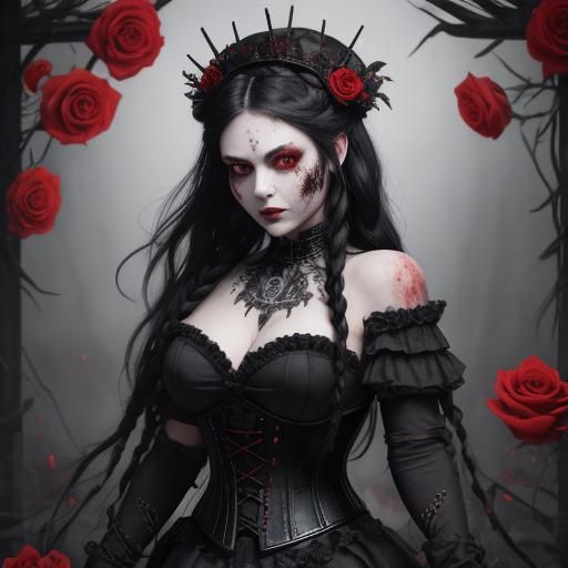 Fierce Gothic Girl with Roses and Skulls