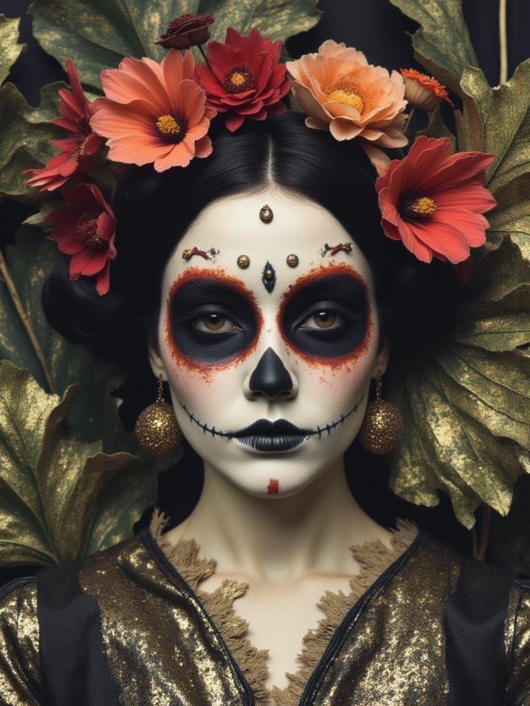 Dia de los Muertos Woman with Psychedelic Gilded Foliage