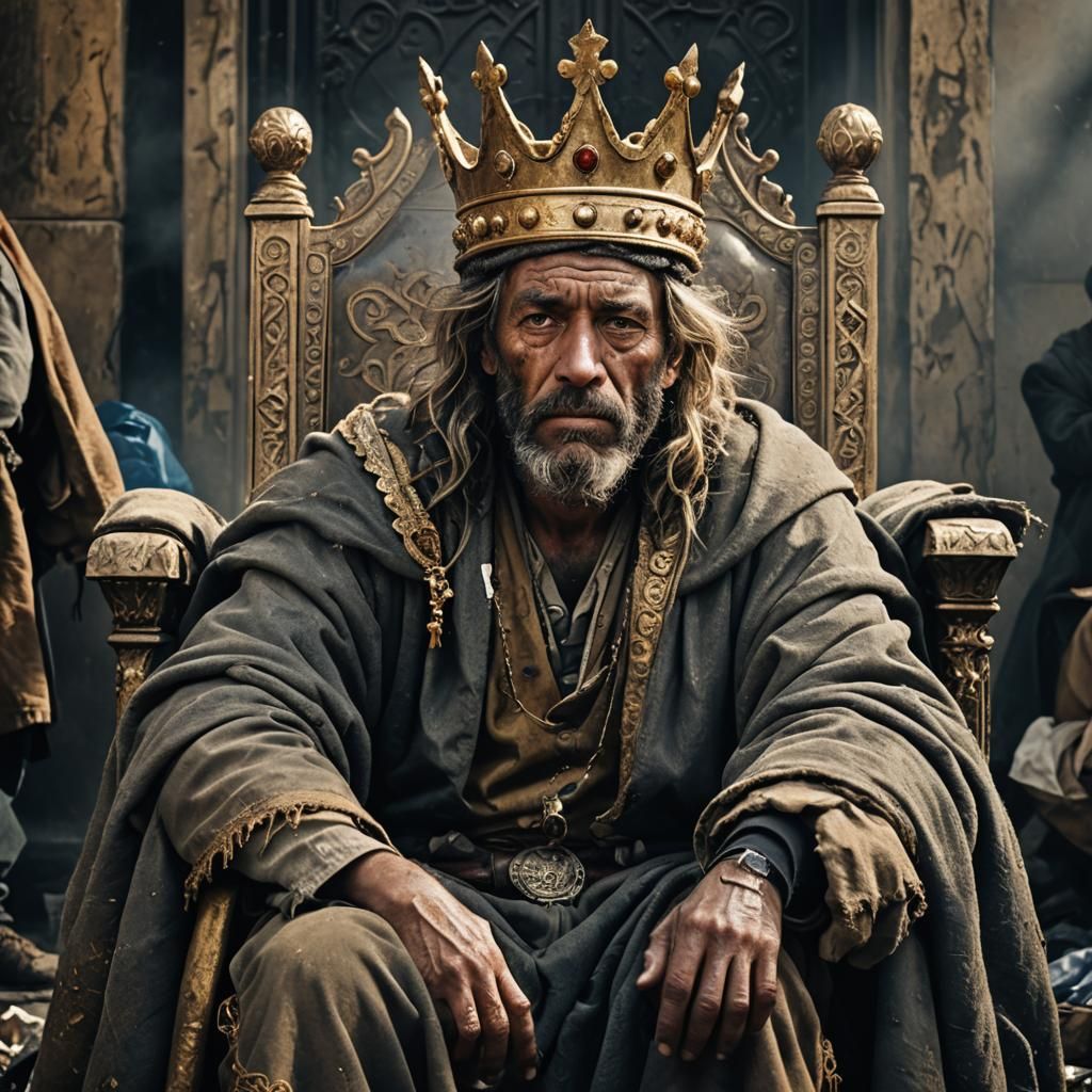 Homeless Man on Throne in Hyperrealistic Photo