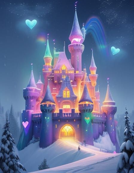 Whimsical Castle in Snowy Night Landscape with Rainbow Heart...