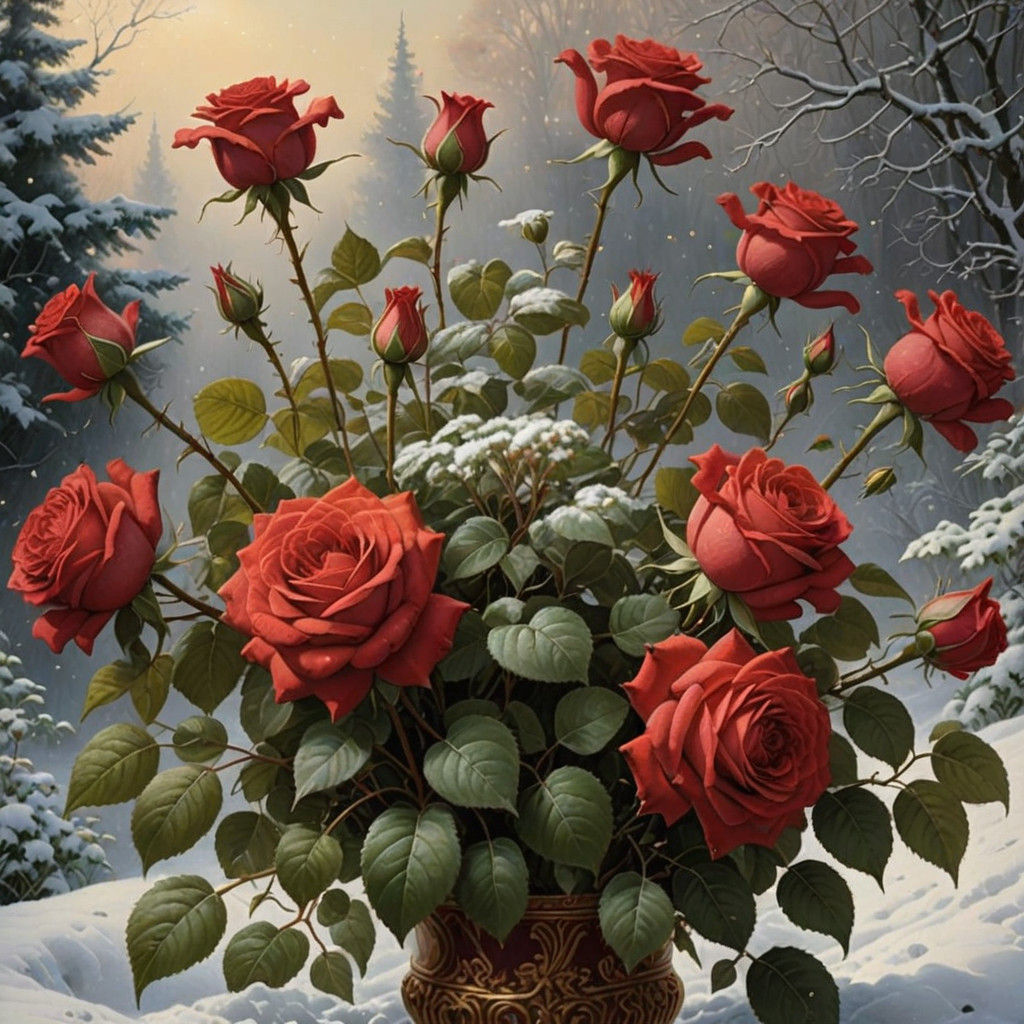 Romantic Winter Roses in Shimmering Snow