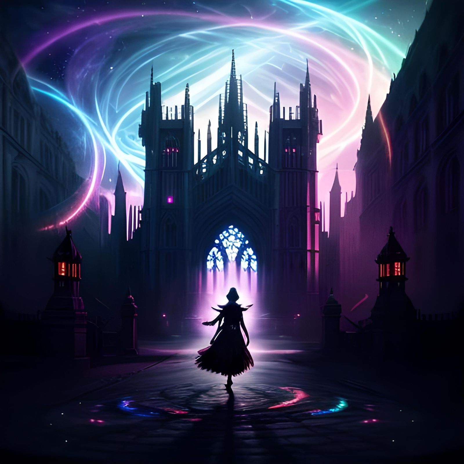 Gothic Scene with Lens Flare and Neon Lighting
