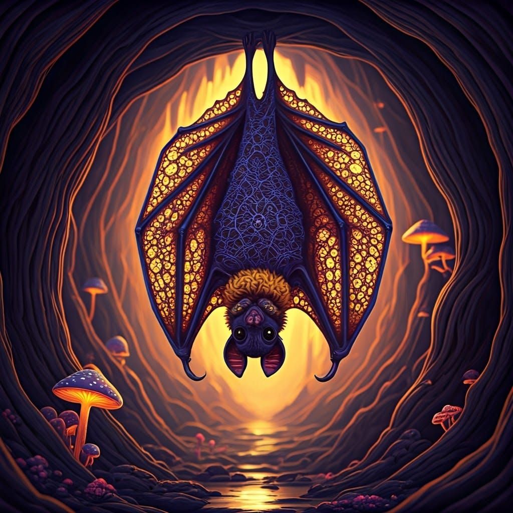 Crocheted Bat in Mystical Cave: Dark Fantasy Art