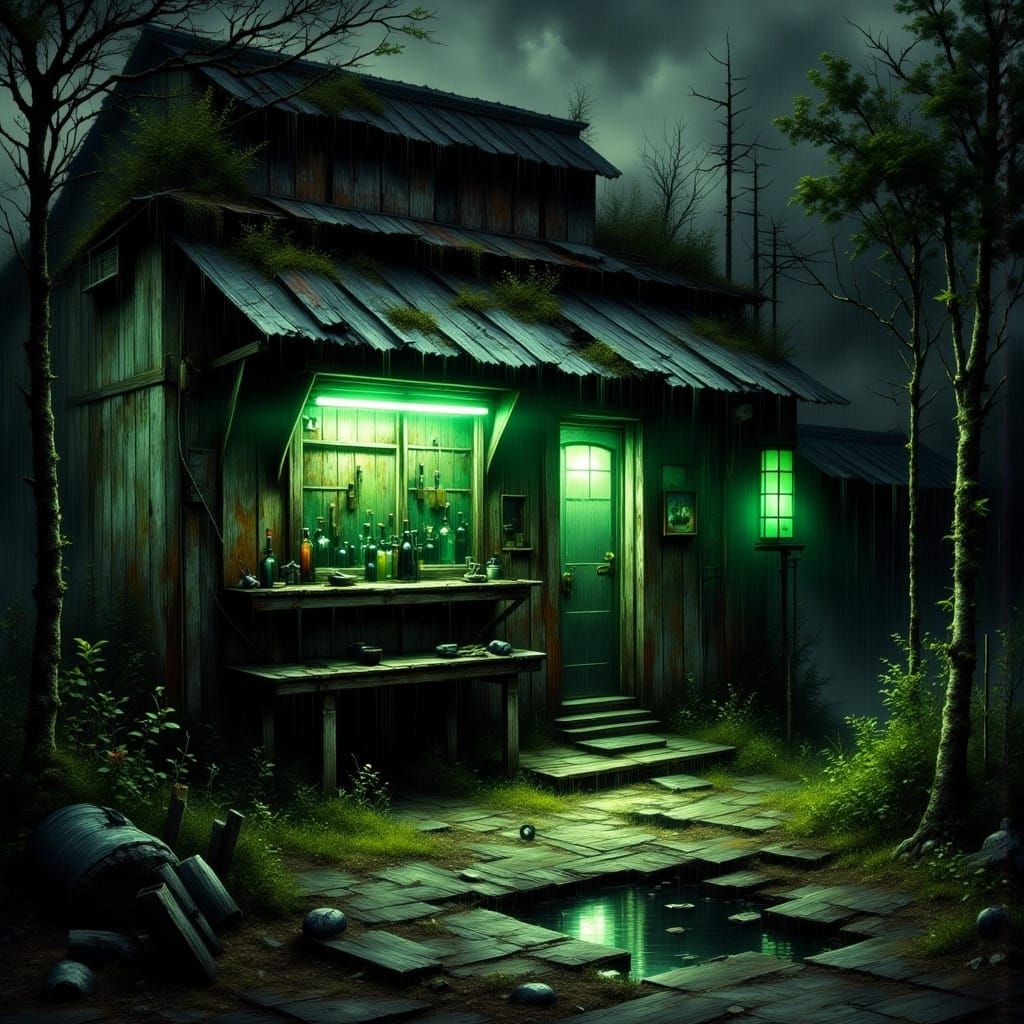 Rustic Absinthe Shack in a Swampy Alleyway
