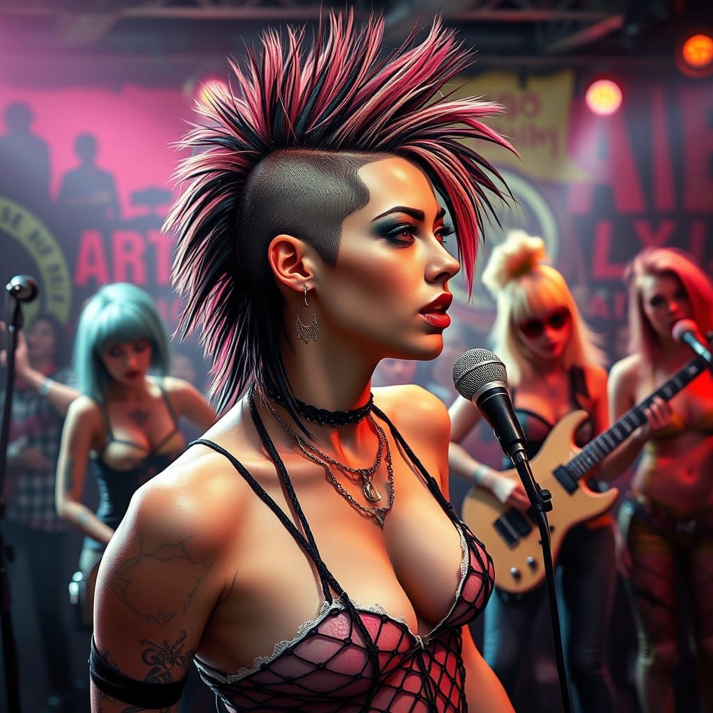 Punk Rock Singer in Hyperrealistic Style with Lively Audienc...