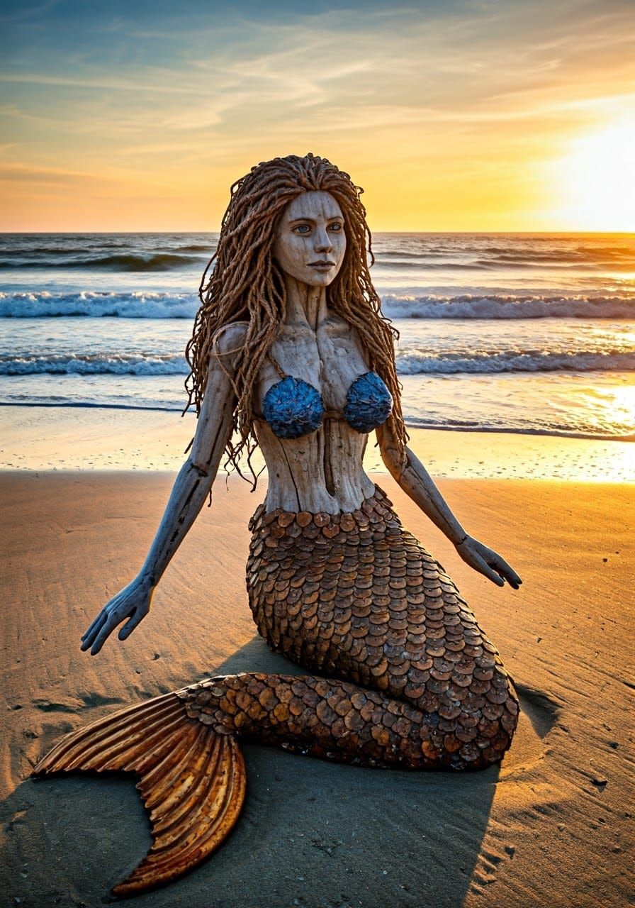 Weathered Mermaid Sculpture in Beach Landscape