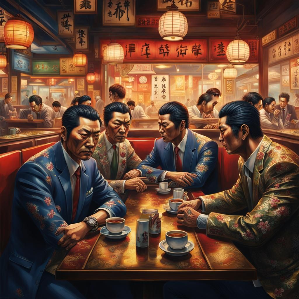Yakuza in Japanese Cafe: Hyperrealistic Splash Art