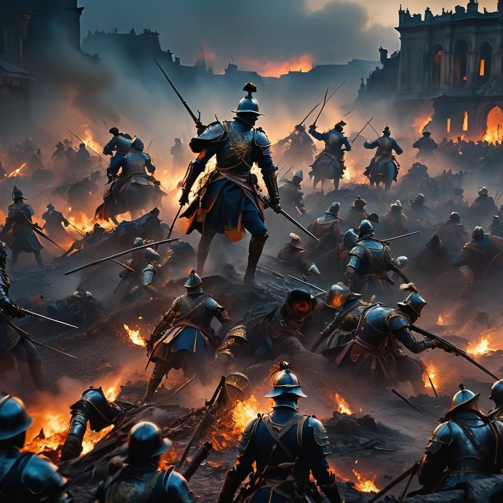 Bloody 18th Century Battle in a Smoky Landscape