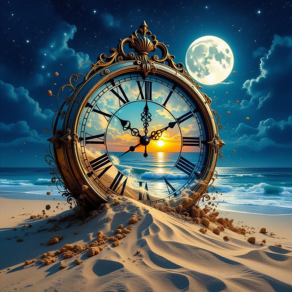Surreal Clock Dissolving into Sandy Ocean