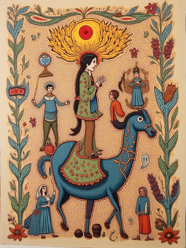 Medieval Manuscript Illustration in Folk Art Style