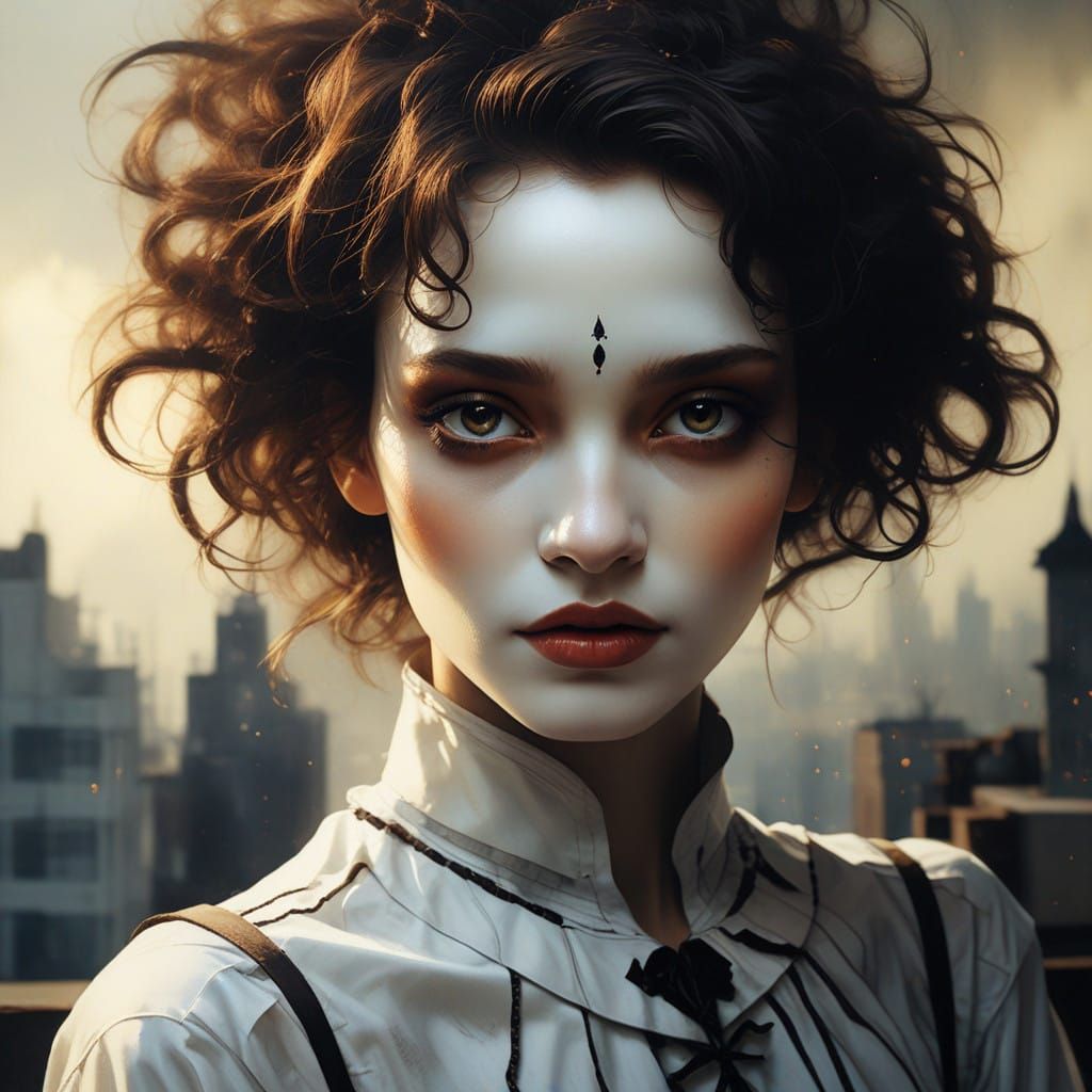 Sensuous Pierrot in Ethereal Rooftop Contours