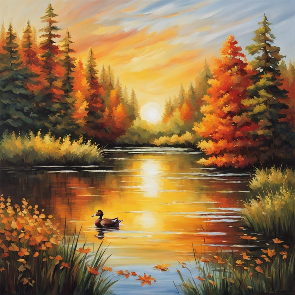 Impressionist Duck on Lake at Sunset