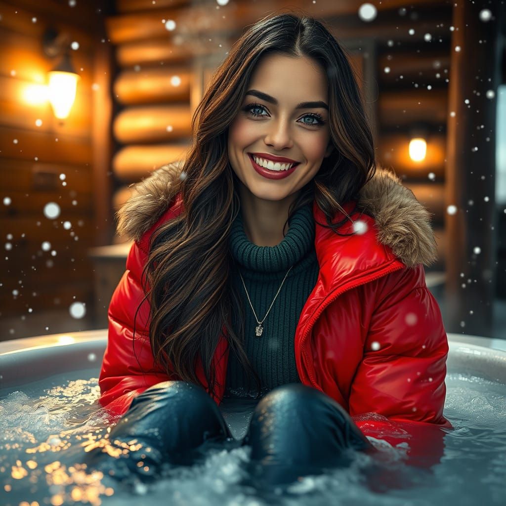 Stunning Wet Portrait in a Snowy Hot Tub Scene