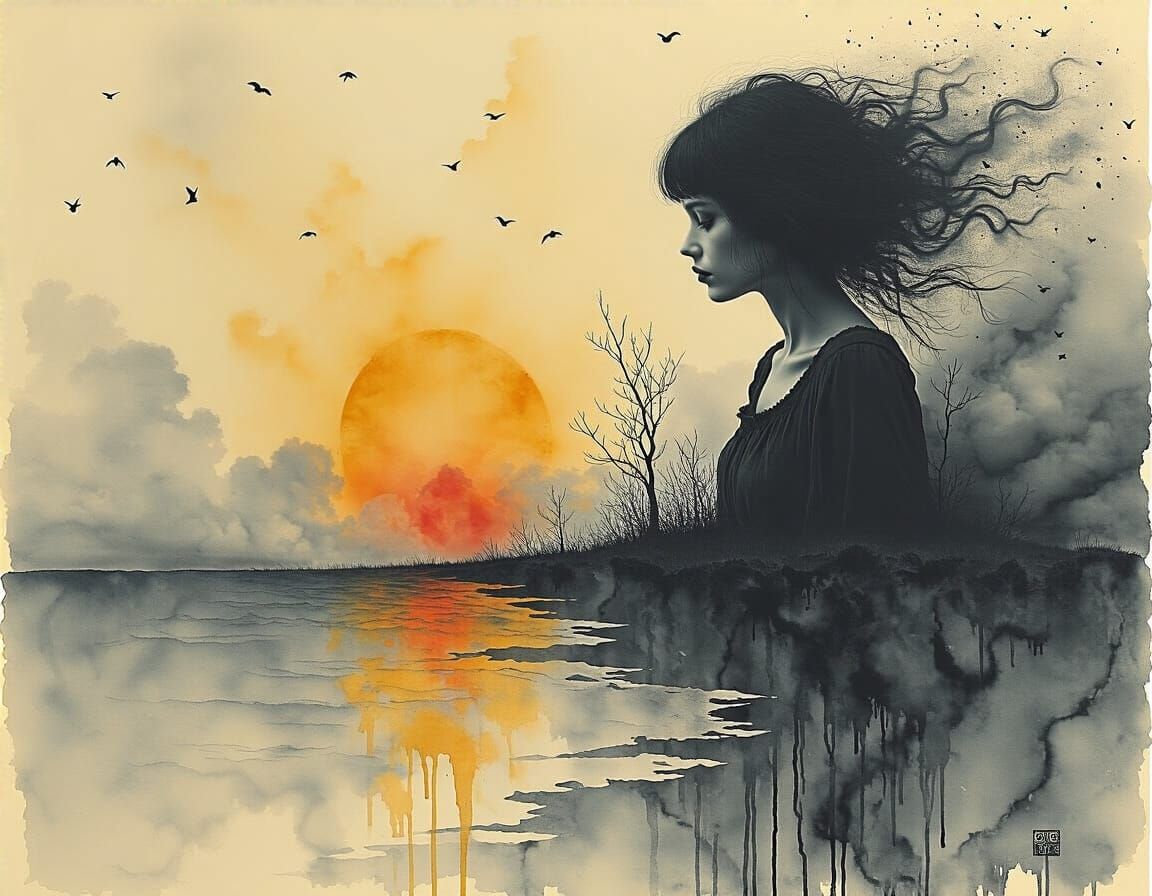 Woman on Horizon in Black and White with Yellow Splash