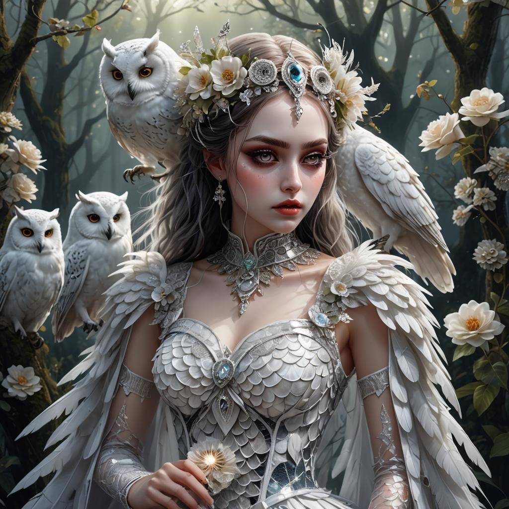 Girl and Owl in Fantasy Forest: Digital Gothic Art