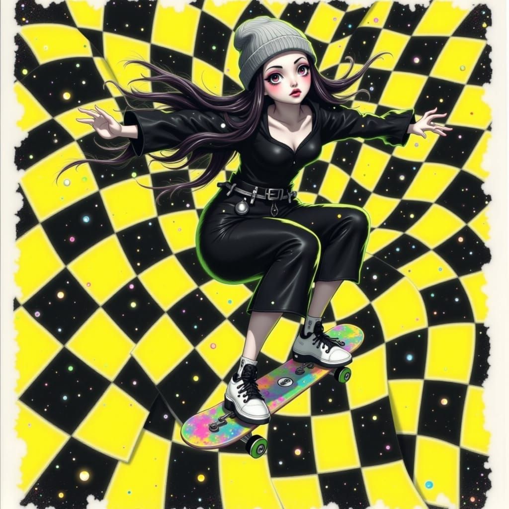 Skater Girl Mid-Air with Cyberpunk Flair