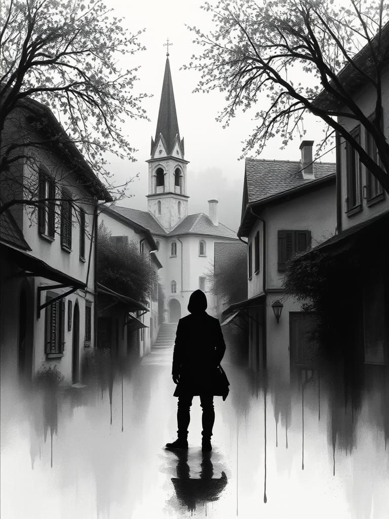 Silhouette in European Town as Ink Watercolor