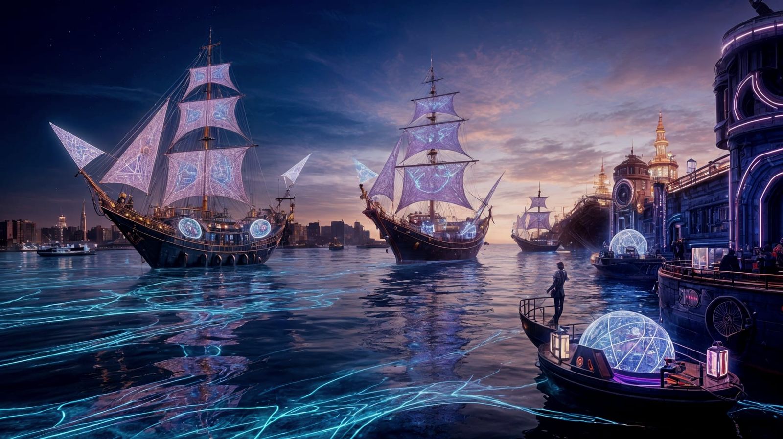Futuristic Harbor with Bioluminescent Waves