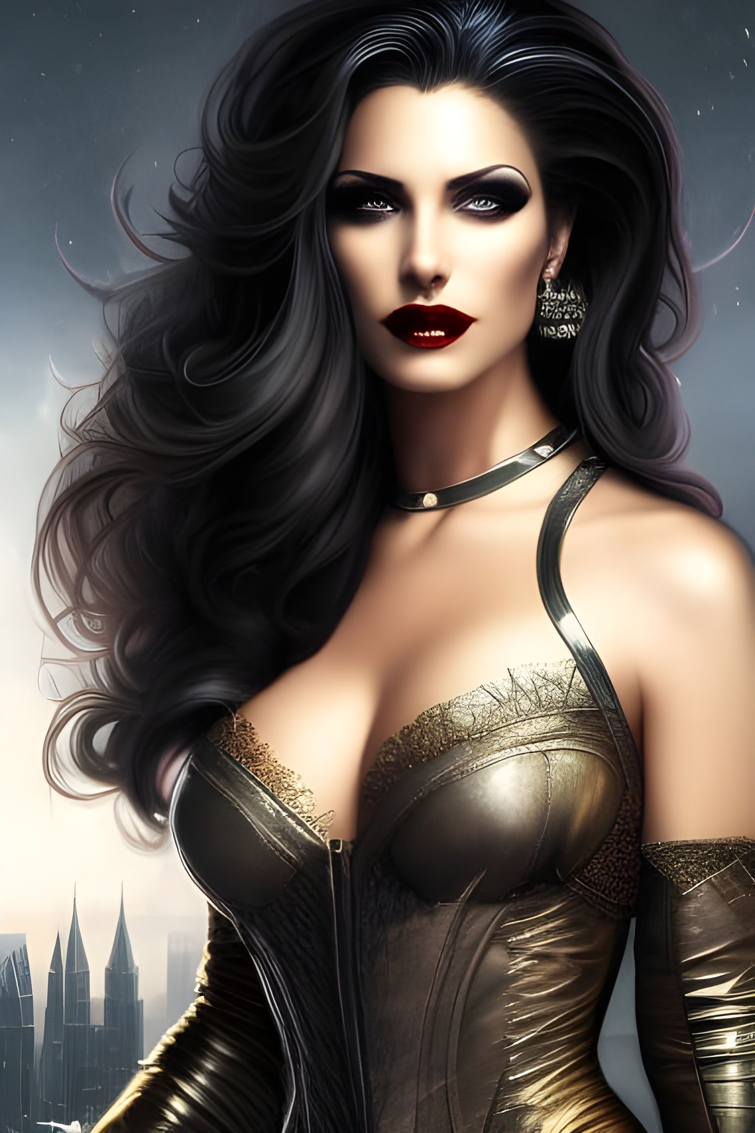 Vampire Woman Portrait in Noir Cityscape