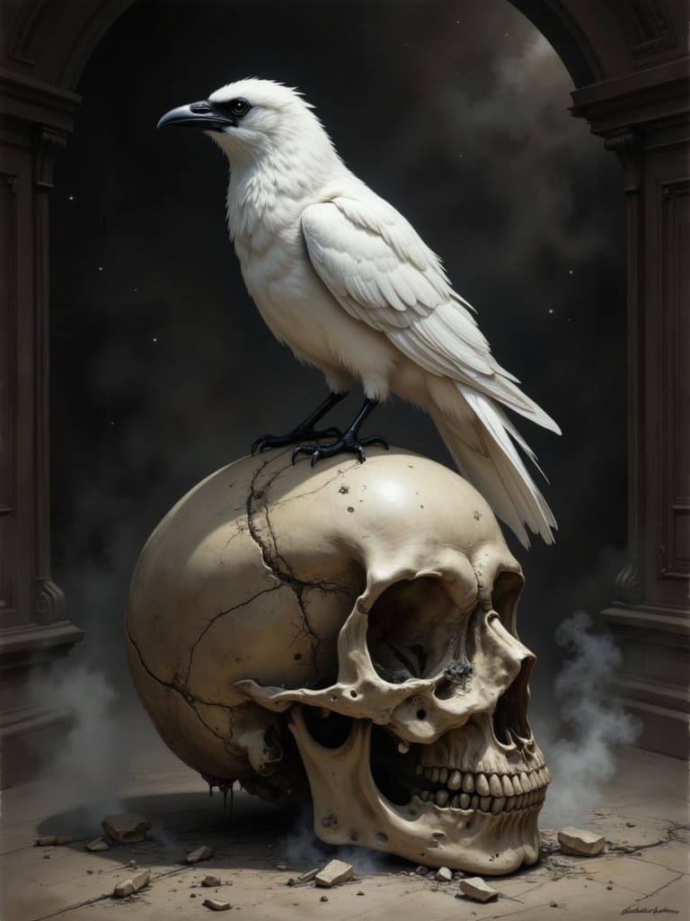White Raven on Skull, Gothic Art Style