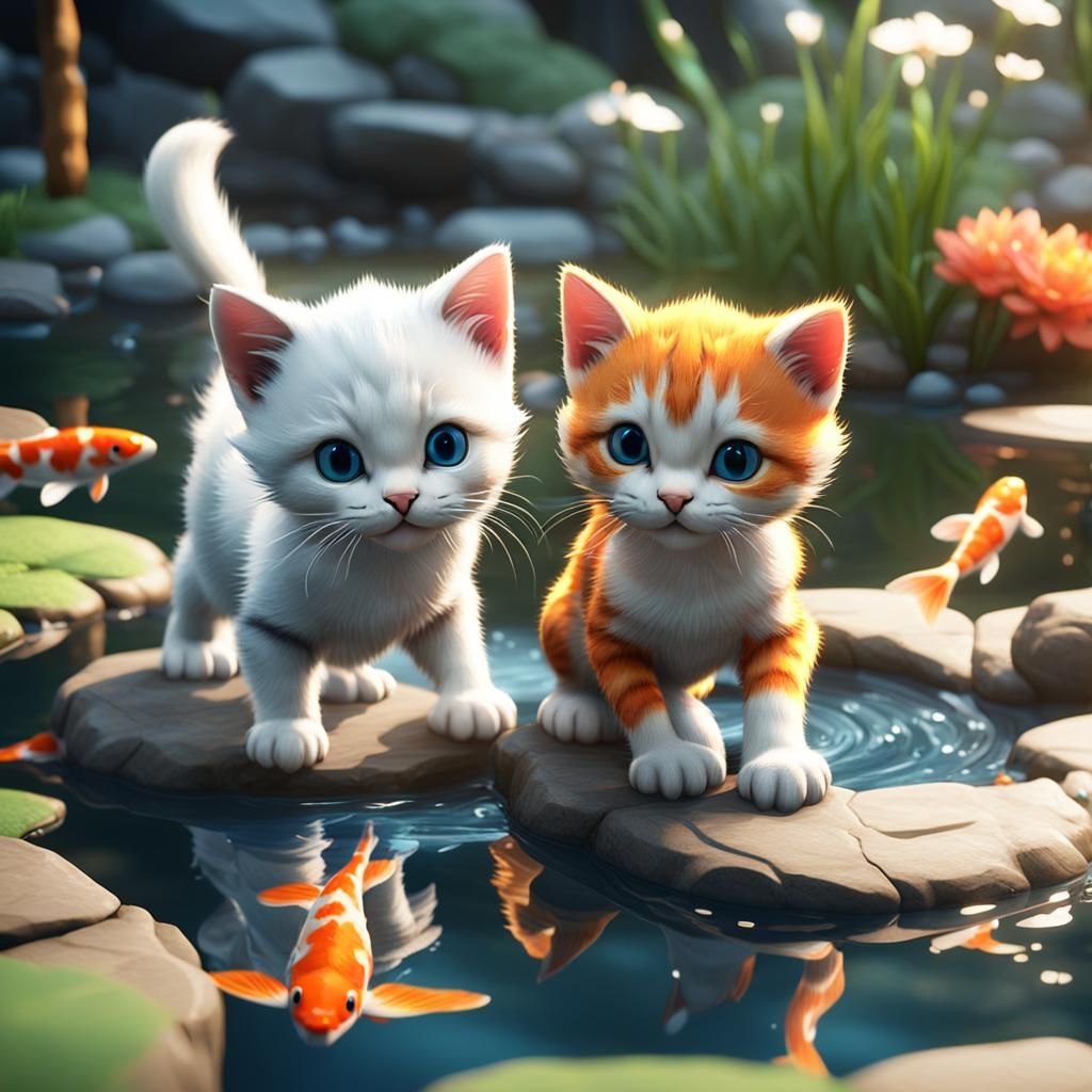 Kittens Playing by Koi Pond: 3D Game Cinematic
