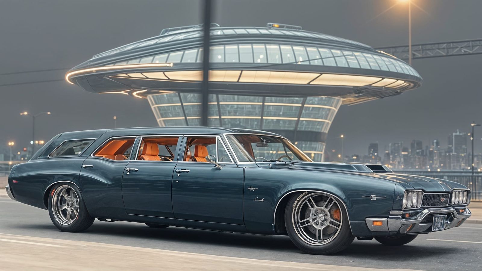 Futuristic Muscle Car Limousine in a Neon City