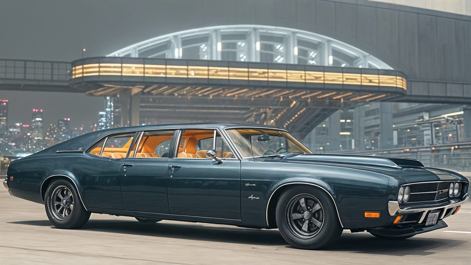 Futuristic Muscle Car Limousine in a Neon City