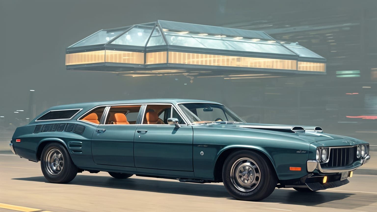 Futuristic Muscle Car Limousine Wagon at Night