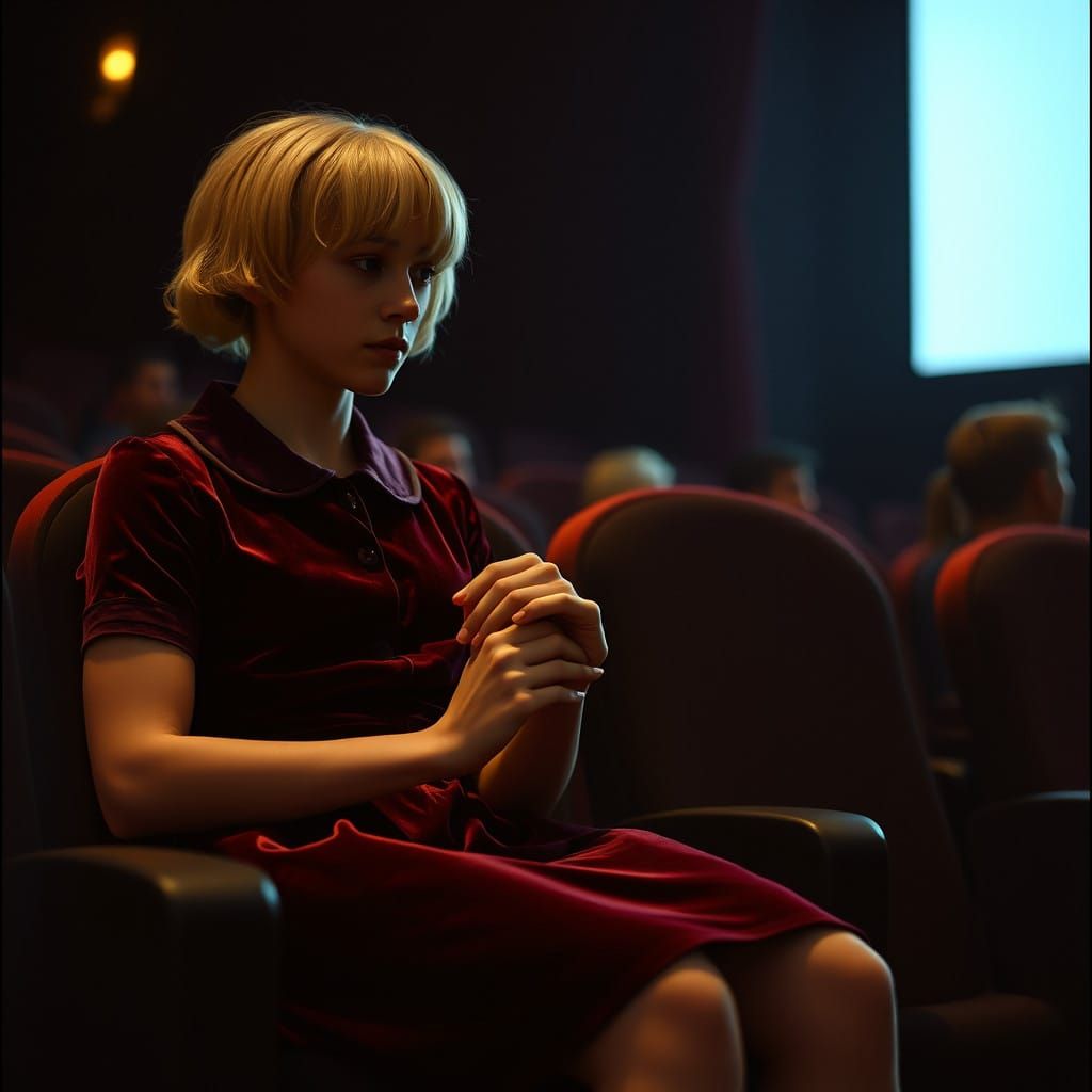 Elegant Cinema Scene in Velvet A-Line Dress and Warm Film Gr...