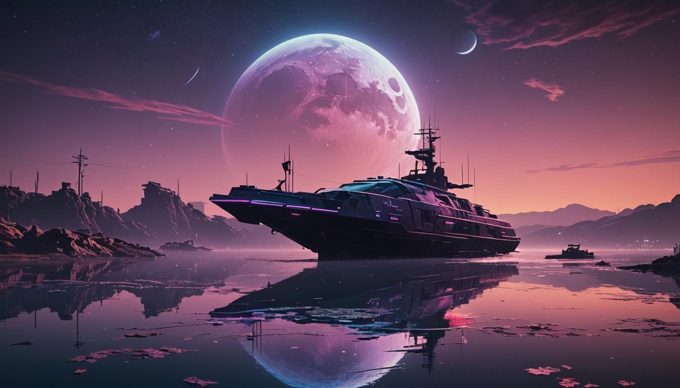 Alien Spaceship Boat on Tranquil Cyberpunk Waters
