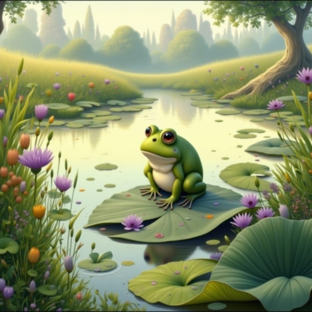 Whimsical Prince Frog on Lily Pad, Illustrated Style