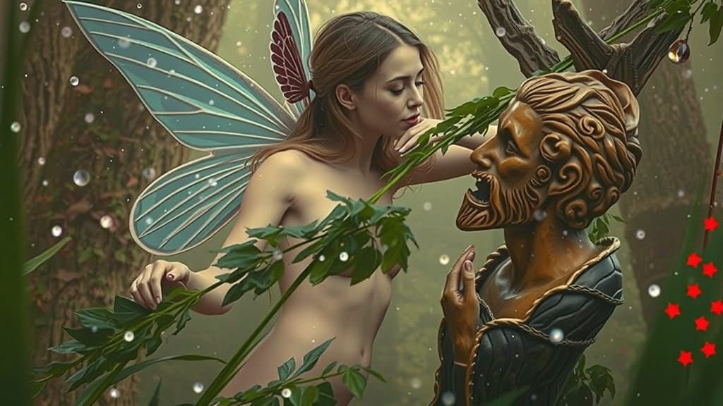 Fairy Woman Gestures Silence in Enchanted Forest