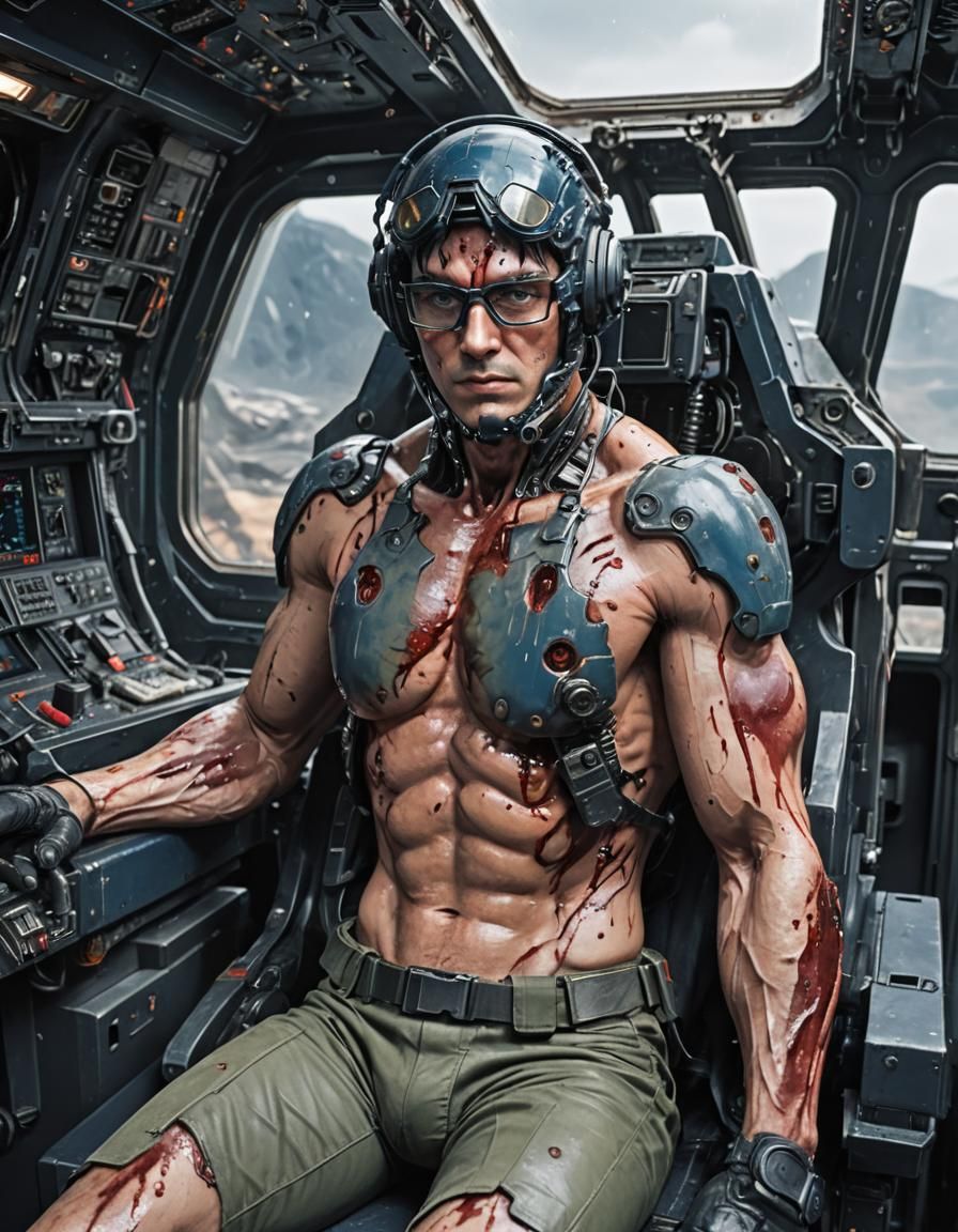 Wounded Android Soldier in Spaceship Cockpit: Anime Style