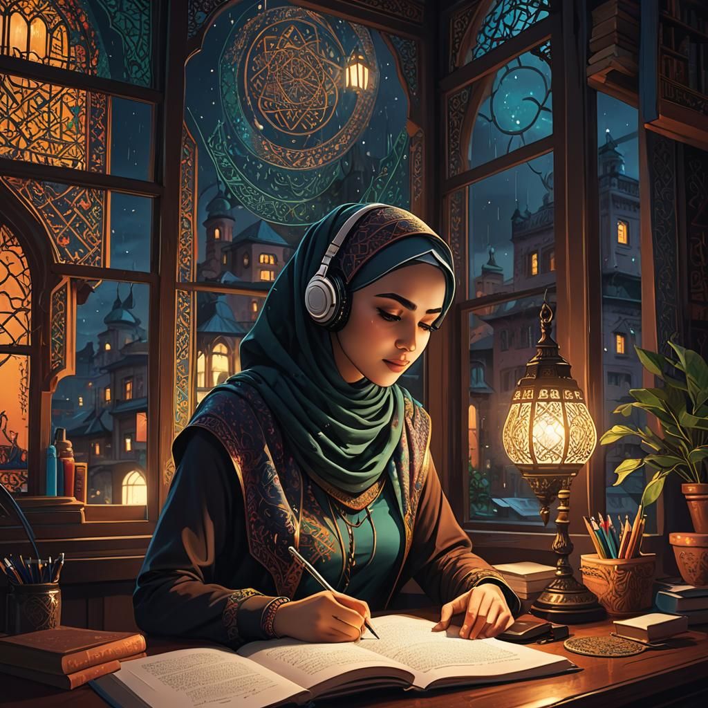 Lofi Girl Studying on Rainy Night: Vivid Digital Art