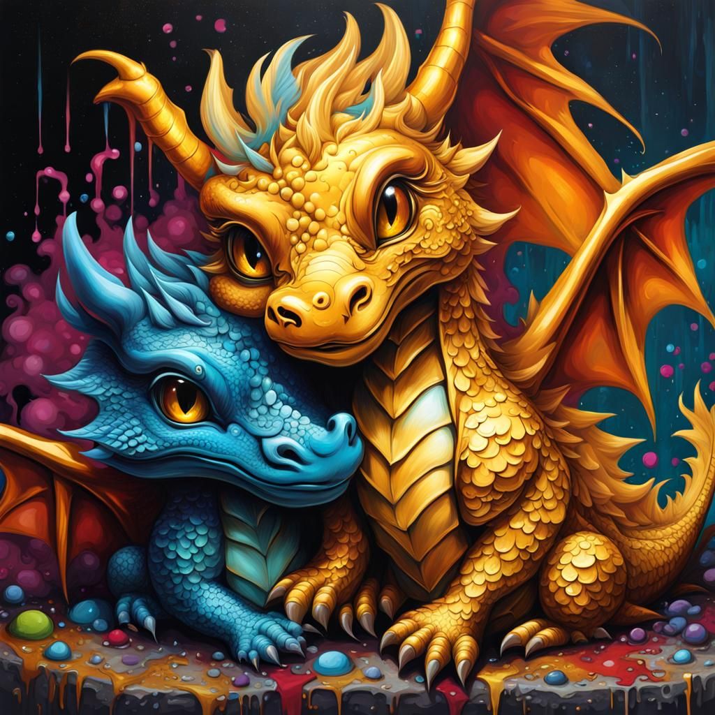 Golden Dragon Cuddles Baby in Graffiti Art
