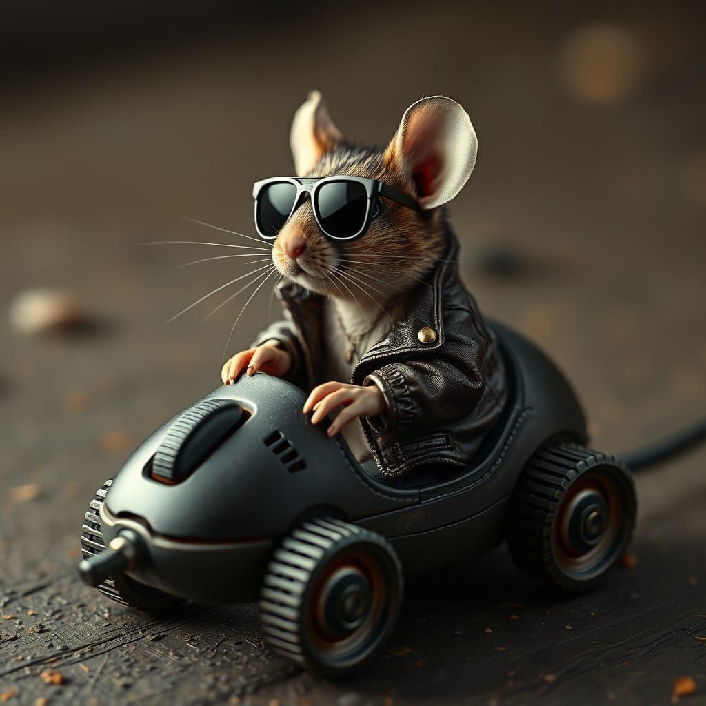 Mouse Driver: Hyperrealistic Rodent in Cyberpunk Style