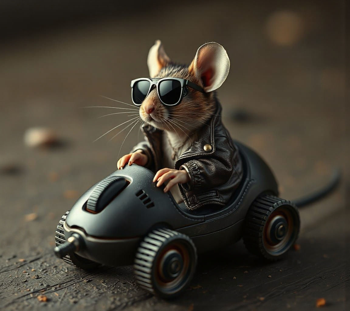 Hyperrealistic Mouse Driving a Computer Mouse on Wheels