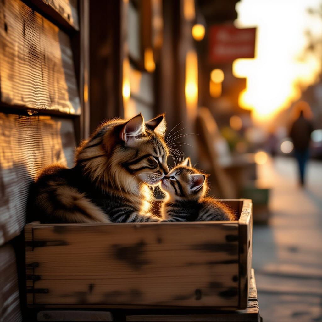 Mother Cat and Kitten in Golden Light
