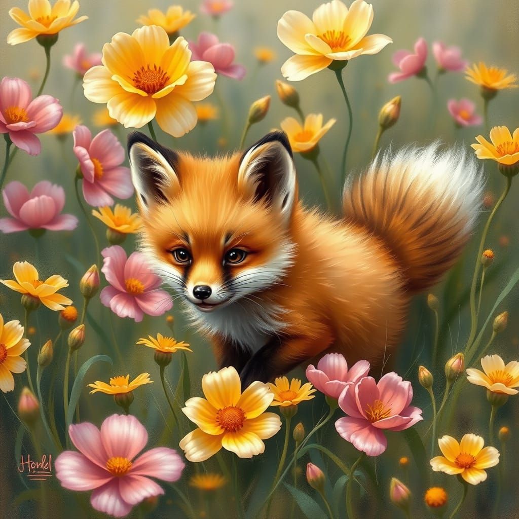 Vibrant Realistic Fox in a Blooming Meadow