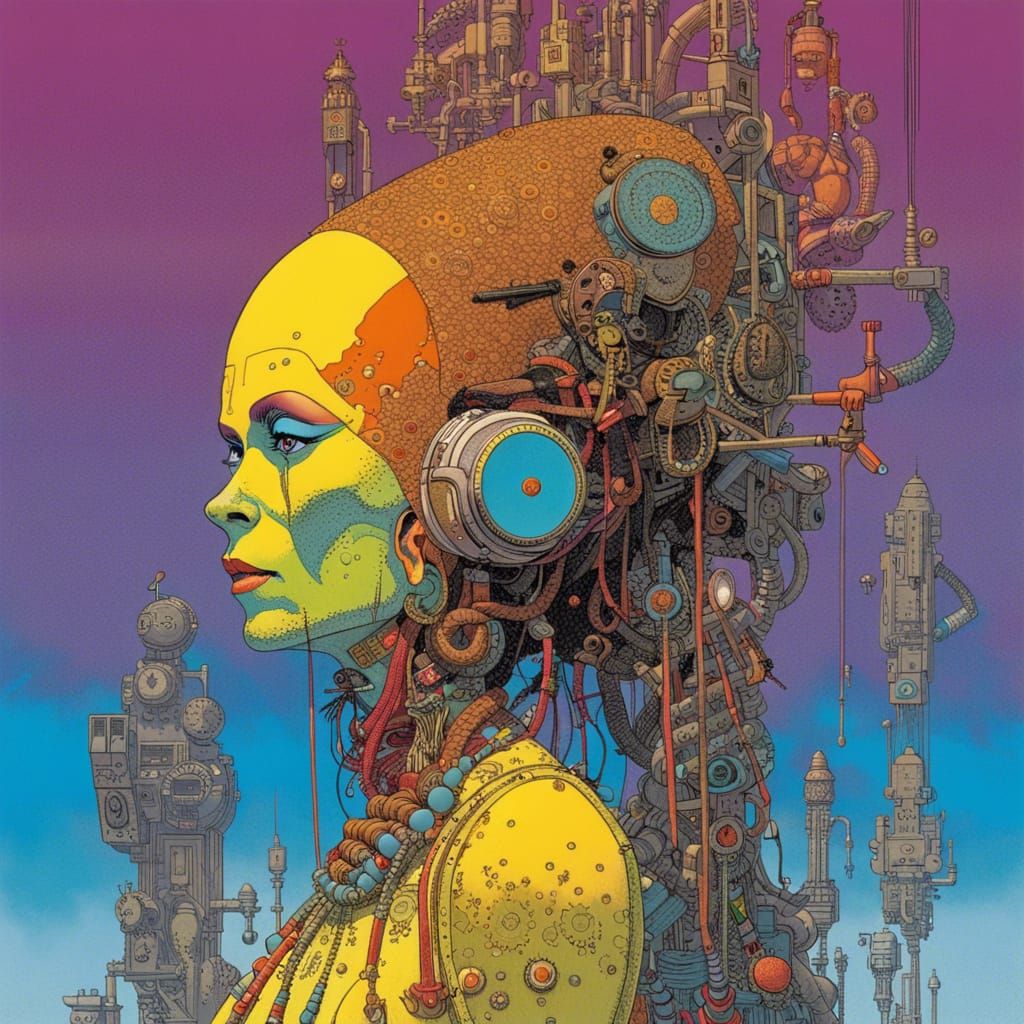 Punk-Rock Robot Shaman Portrait in Ligne Claire Style