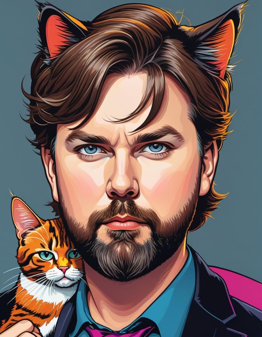 Cartoon Portrait of Man with Cat in Bold Colors
