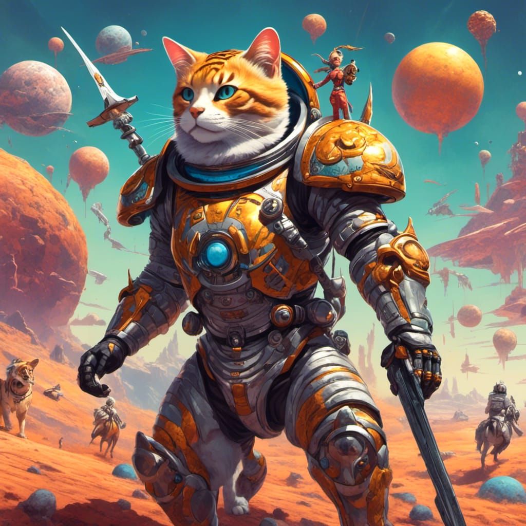 <lora:DDM4:1.0> An anthropomorphic cat  knight wearing a spacesuit ,  holding a trophy, riding a huge   tiger  on an ali...
