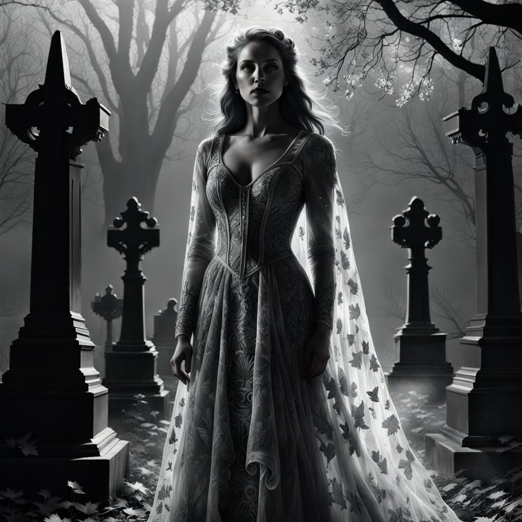 Ethereal Ghost in Cemetery, Digital Ink Art