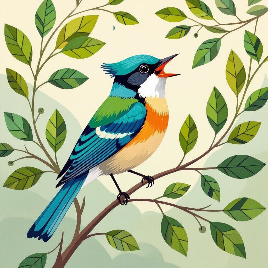 Emerald and Sapphire Bird Song in Geometric Style